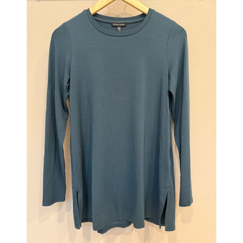 Eileen Fisher Women's Blue Tunic Blouse XS Long Sleeves Crew Neck Lagenlook